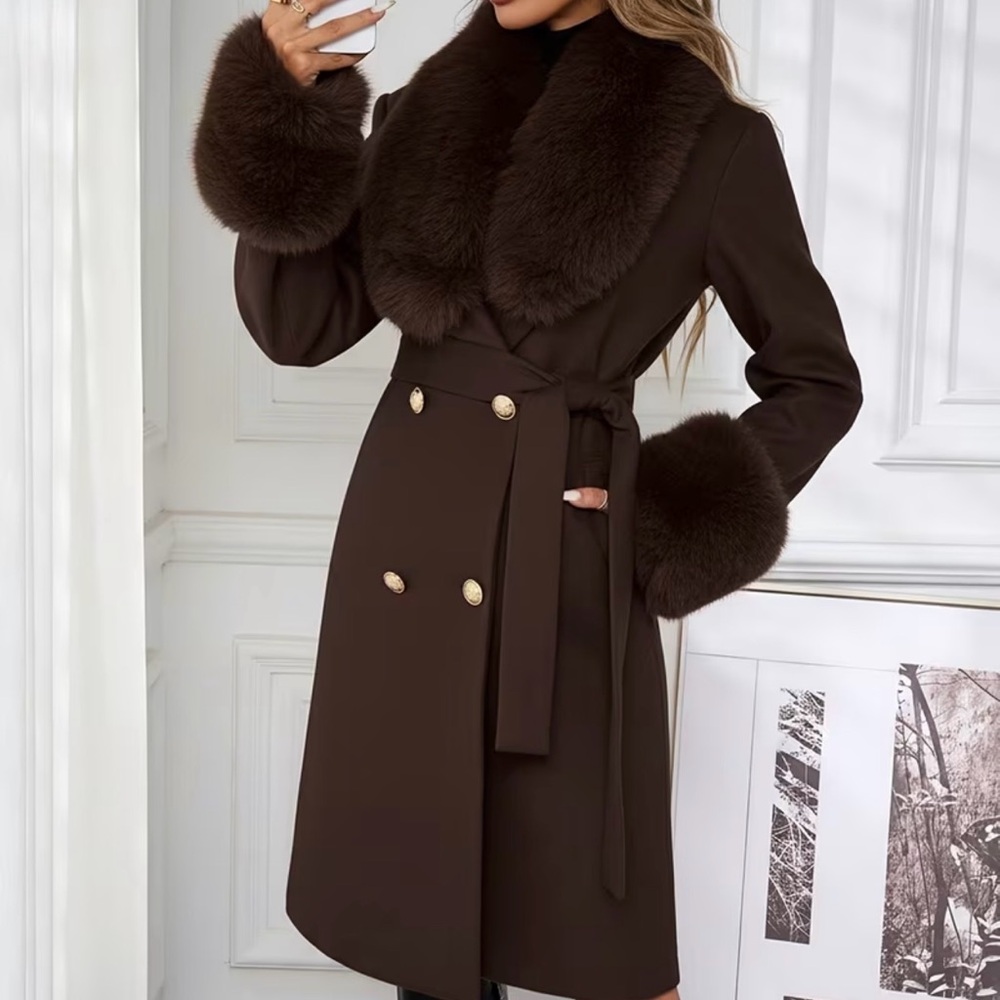 Source Unknown Dark Brown Fur-Trimmed Trench Coat